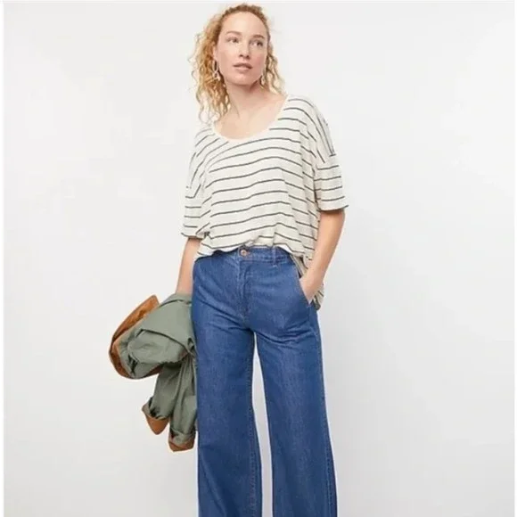 J. Crew Relaxed Linen Drop Shoulder Scoop Neck Stripe Tee Size Medium - Picture 1 of 10